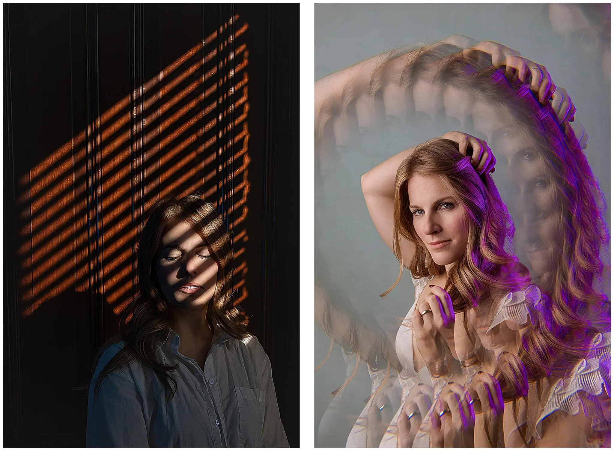 Left image: Woman with striped shadow pattern on her face from blinds, creating a creative headshot against a dark background. Right image: Woman with layered effect, holding her long hair in a casual top against a soft backdrop. Both images capture unique expressions and styles.