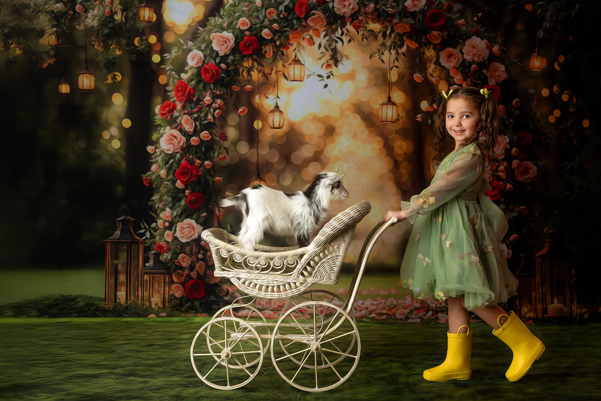 A smiling young girl in a green dress and yellow boots pushes a vintage stroller with a small white dog inside, set against a floral arch and glowing lanterns in a lush, outdoor garden—perfect for ct child photos.