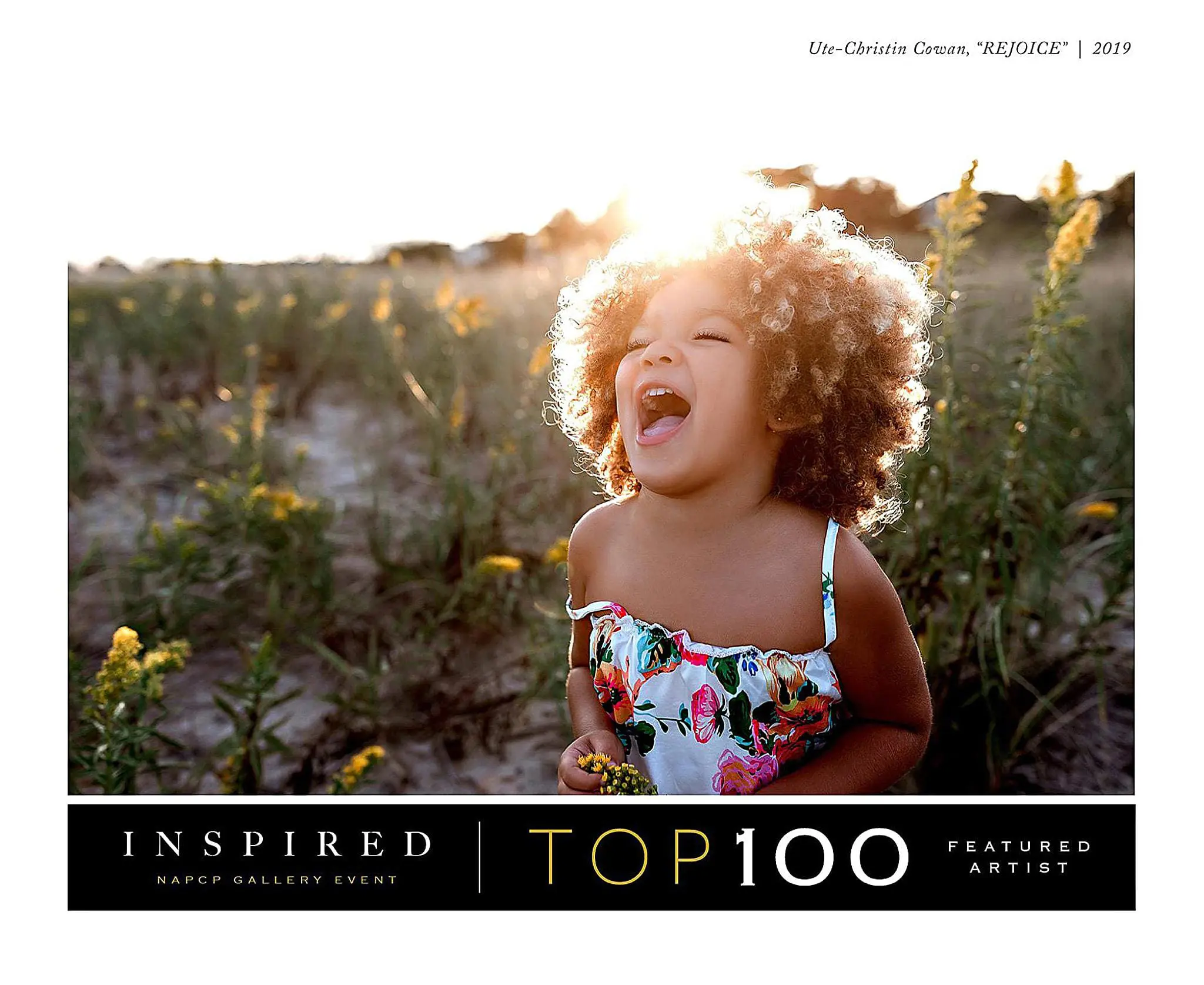 A joyful child with curly hair and a colorful floral dress stands outdoors among plants, bathed in warm sunlight. Text below reads: INSPIRED NAPCP GALLERY EVENT TOP 100 FEATURED ARTIST.