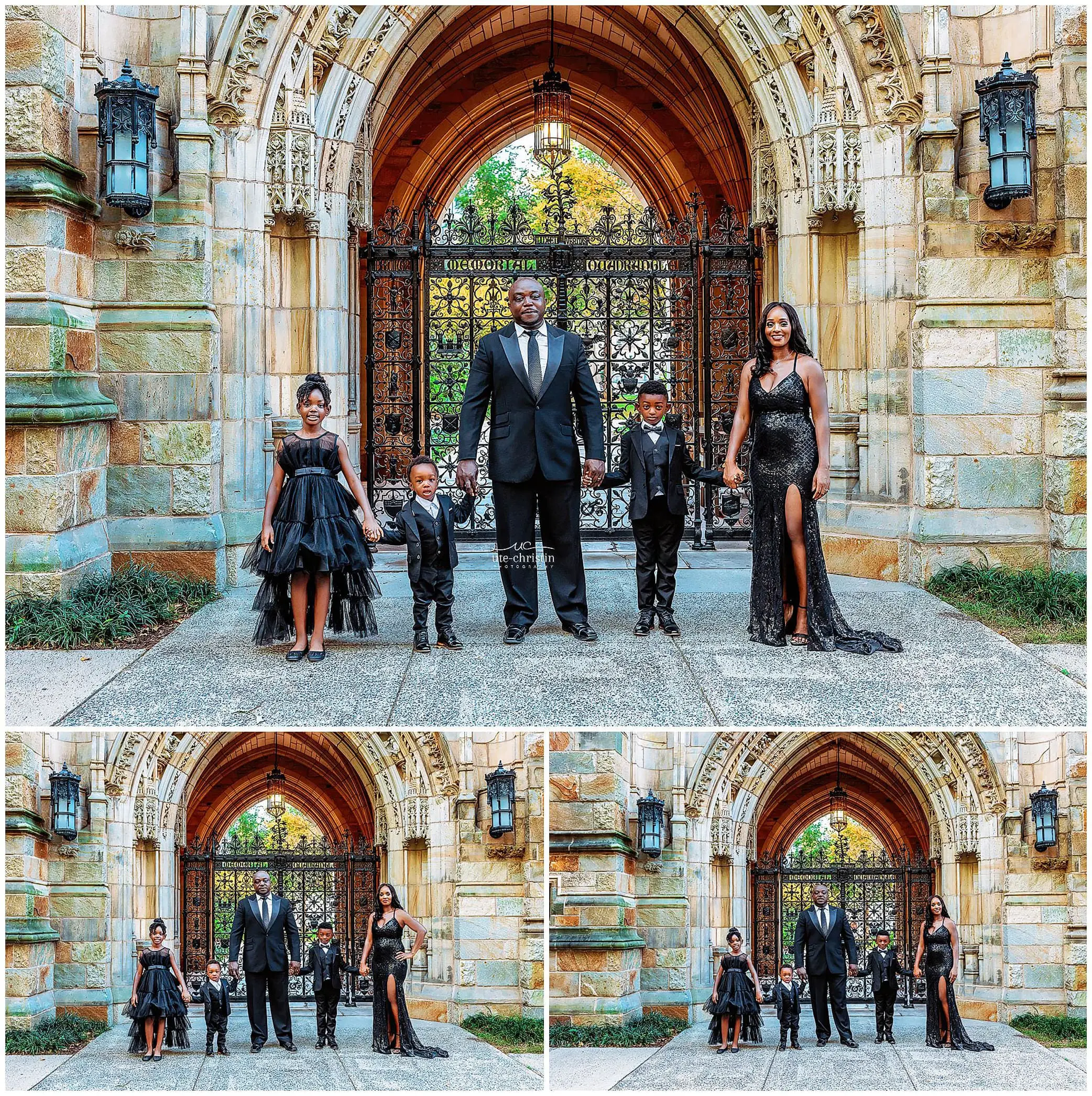 Family stand in front of beautiful Gate at Yale New Haven