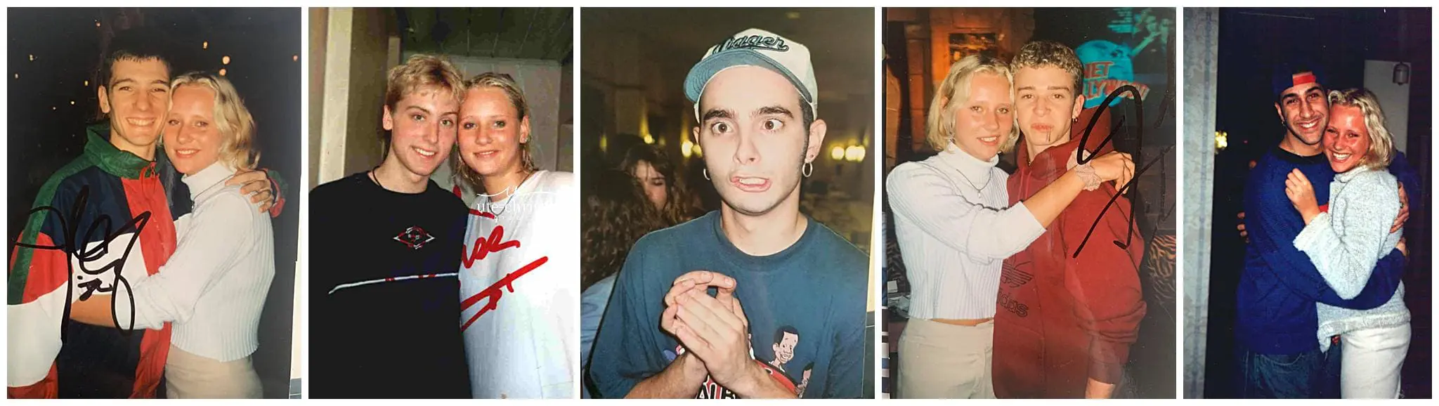 A series of five photos show a blonde woman posing with different men. Each image appears to be from a casual setting, some with handwritten signatures overlaid. The lighting varies, suggesting various indoor and evening settings.