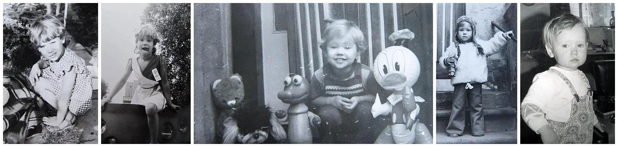 A series of black and white photos showing a child at different ages. They are seen with toys, wearing different outfits, and posing in both indoor and outdoor settings.