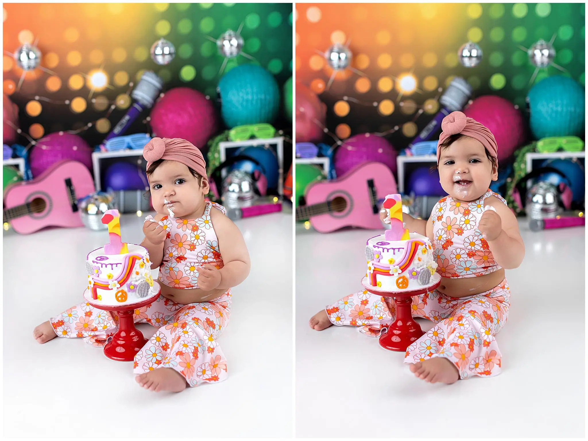 A baby in a floral outfit and pink headband sits on the floor with a colorful cake on a stand. The background is vibrant with guitars and disco balls. The baby is smiling and playing with the cake.