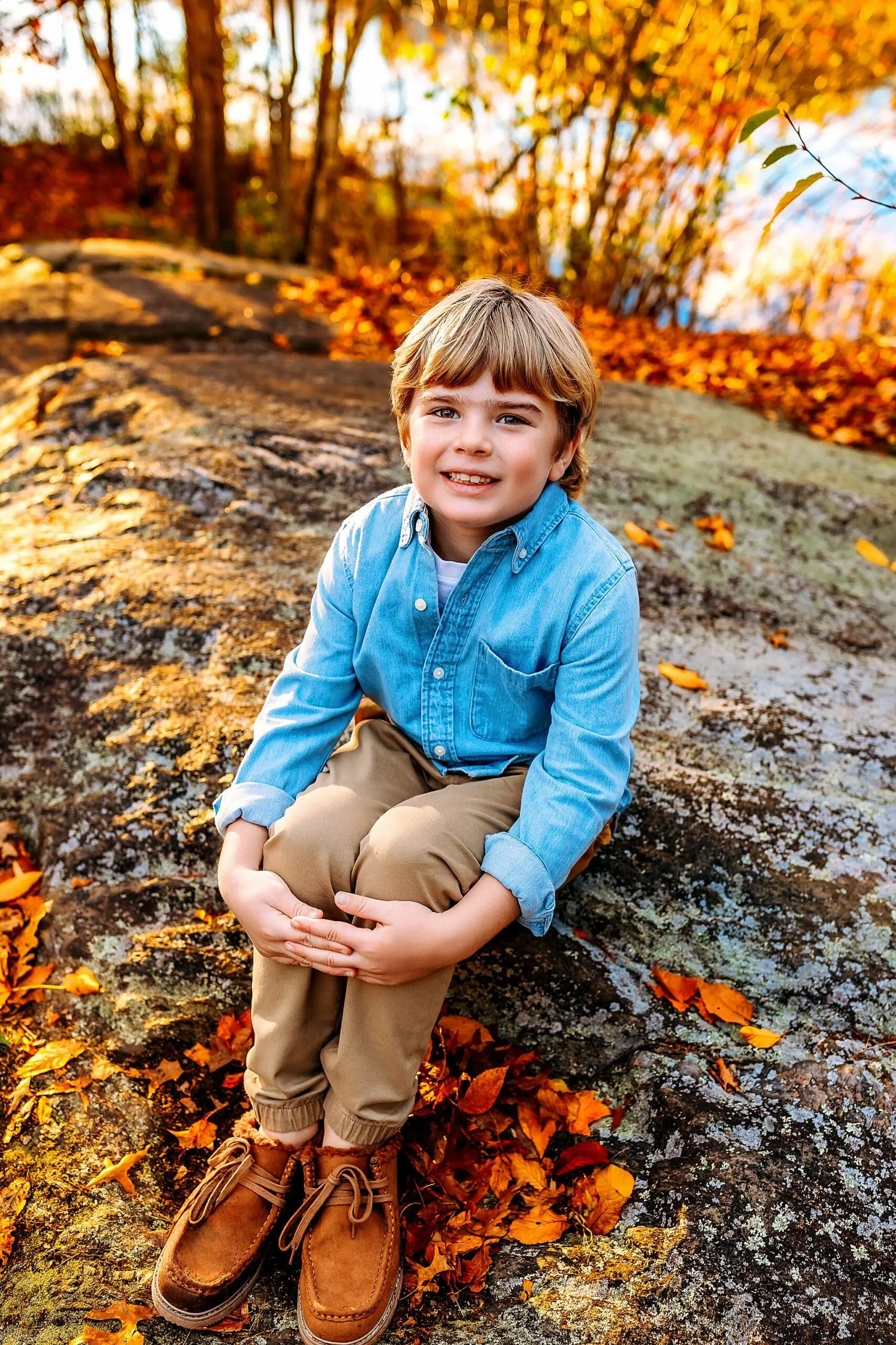 A young child with light brown hair sits on a rock surrounded by autumn leaves. They are wearing a light blue shirt, khaki pants, and brown shoes. The background features trees with yellow and orange foliage. The scene conveys a warm, fall atmosphere.