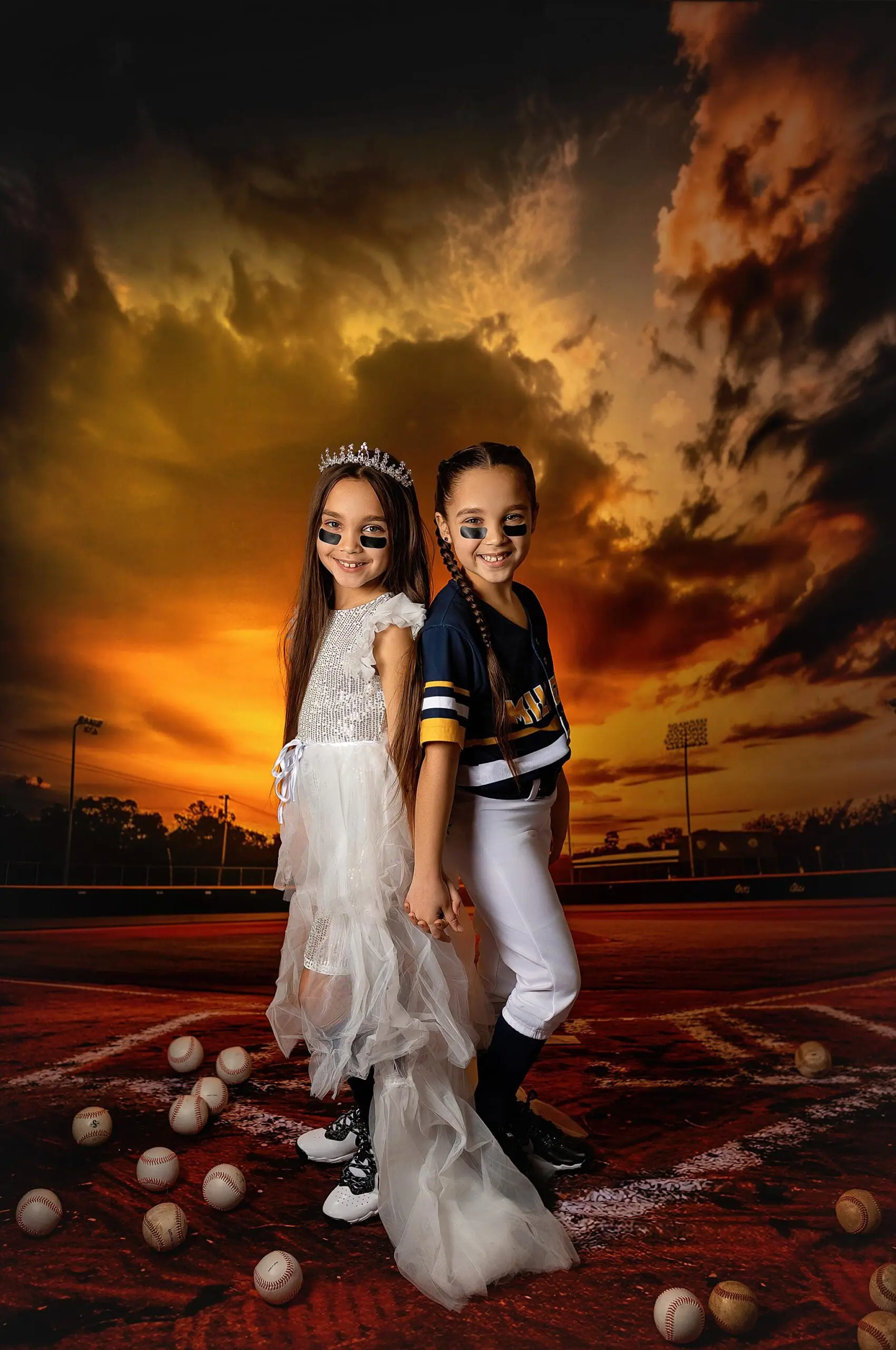 Two children stand on a baseball field at sunset, wearing athletic face paint. One dons a white gown and tiara, the other a football outfit. Baseballs scatter the ground around them, capturing the whimsical charm of studio child photos in CT.