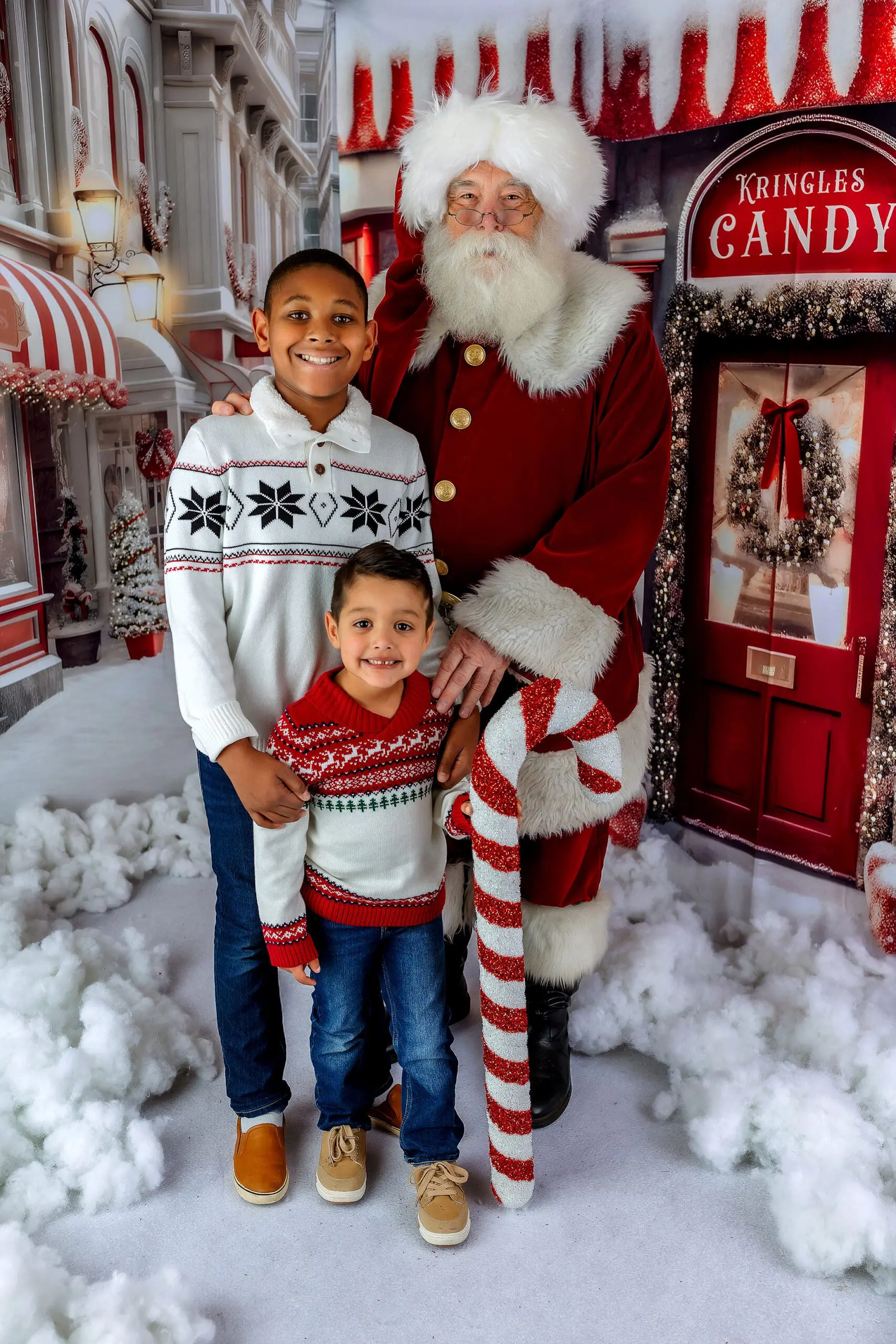 Two children wearing festive sweaters stand in front of Santa Claus, who is holding a large candy cane. The backdrop features a snowy scene with a candy shop. The atmosphere is cheerful and holiday-themed in Connecticut.