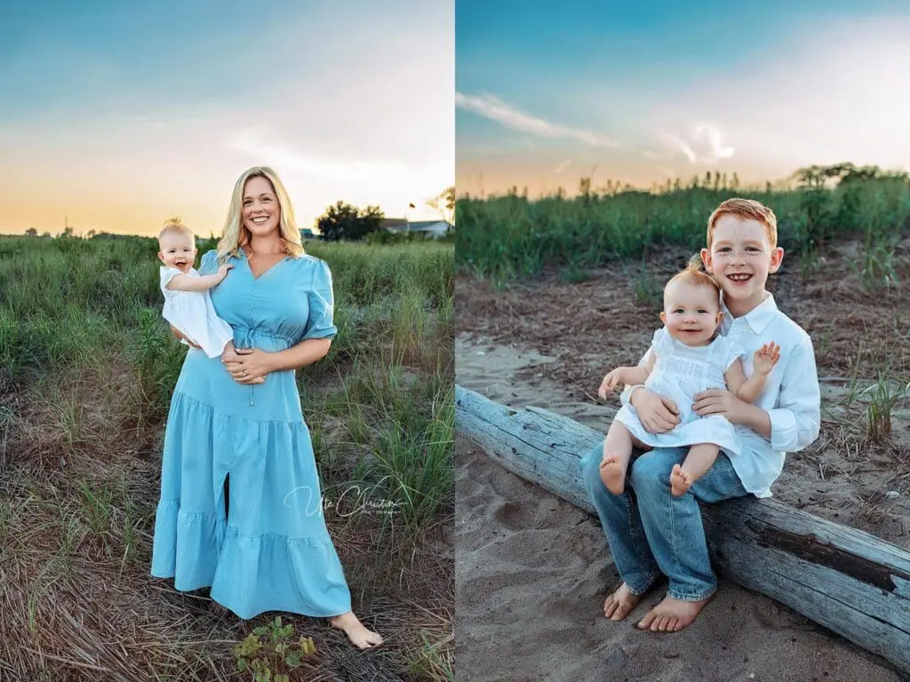 Left: A smiling woman in a blue dress stands in a grassy field at sunset, holding a baby in a white dress. Right: A boy sits on a log at the beach, holding the same smiling baby—perfect moments for families seeking Pediatric Dentists In Milford CT.