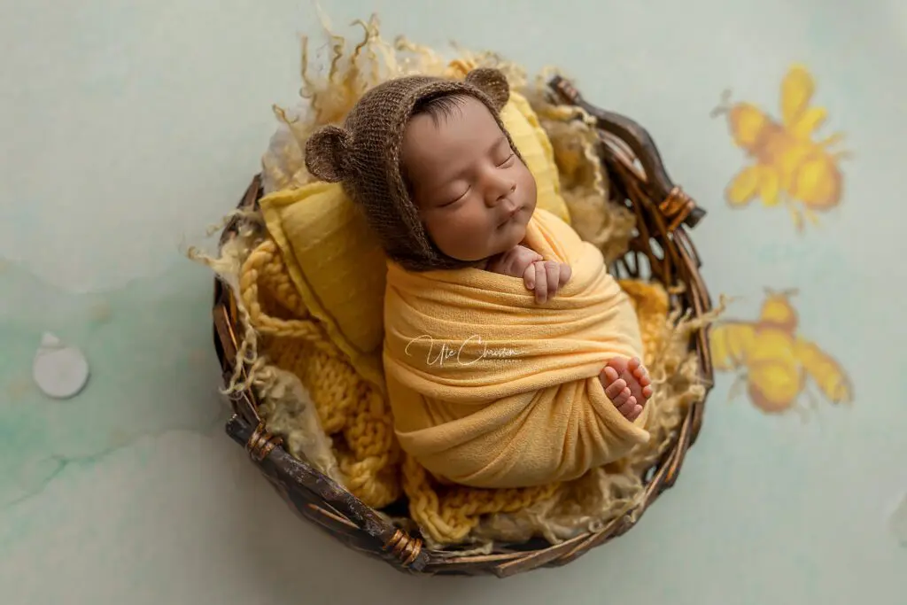 A newborn baby, wrapped in a yellow blanket and wearing a brown knitted bear hat, sleeps peacefully in a round wicker basket on a soft yellow cushion—perfect inspiration for baby music classes in CT—with butterfly illustrations in the background.