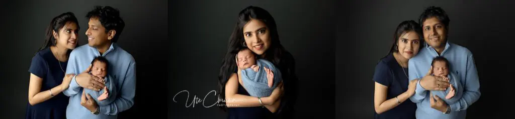 A young couple smiles while holding their newborn baby, wrapped in a blue blanket. The family appears together, capturing the joy that moments like attending baby music classes in CT can bring, with close-ups against a dark background.