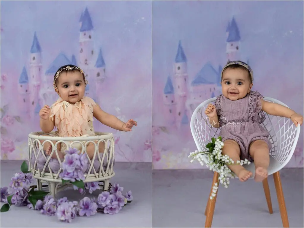 Two babies sit separately in front of a pastel castle backdrop, styled sweetly for a Nannies In Connecticut photo shoot. One baby sits in a basket with purple flowers, while the other sits on a white chair in a purple outfit and headband.