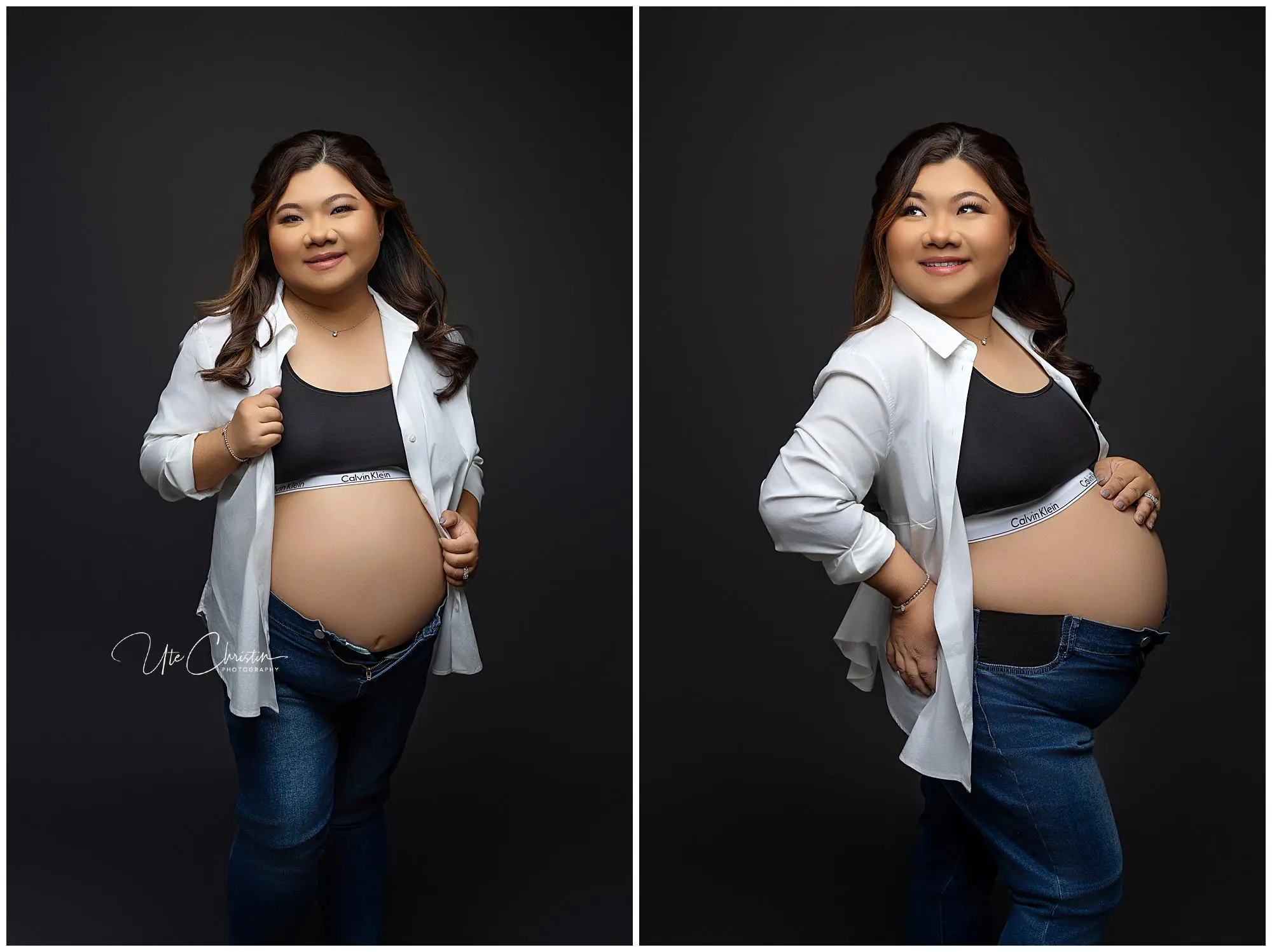 Side-by-side portraits of a pregnant woman in a white shirt, black top, and jeans, confidently smiling in front of a dark background—capturing the glow often seen after Prenatal Massage In CT.