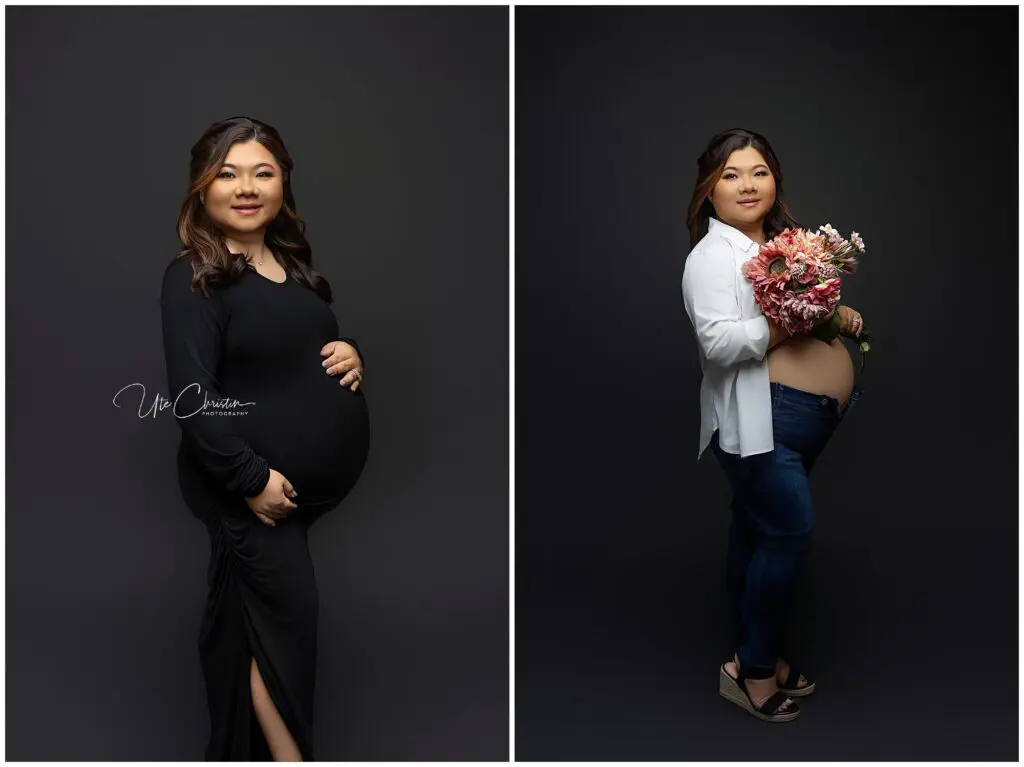 A pregnant woman poses against a dark background. In one image, she wears a long black dress, cradling her belly; in the other, she’s in jeans and a white shirt, holding flowers. She embodies the calm often found after Prenatal Massage In CT.