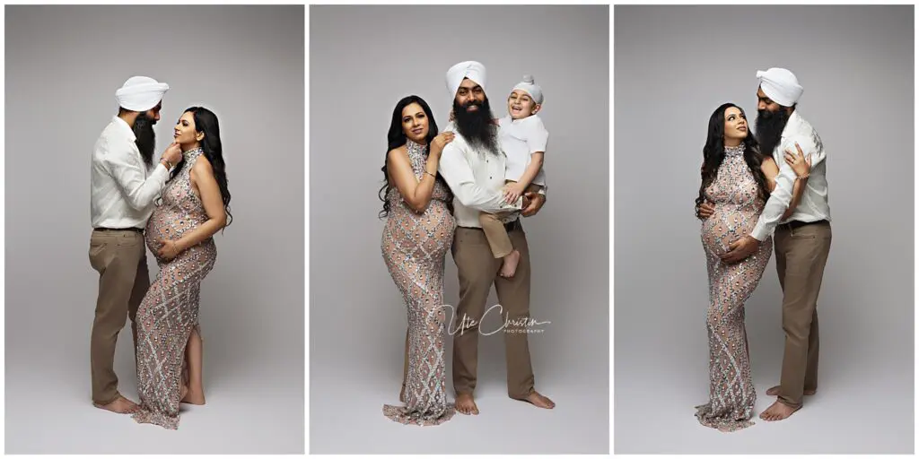 Three studio portraits of a Sikh family: a pregnant woman in a floral dress, her partner, and their young child share affectionate poses against a gray background, radiating the warmth found in prenatal yoga in Milford CT.