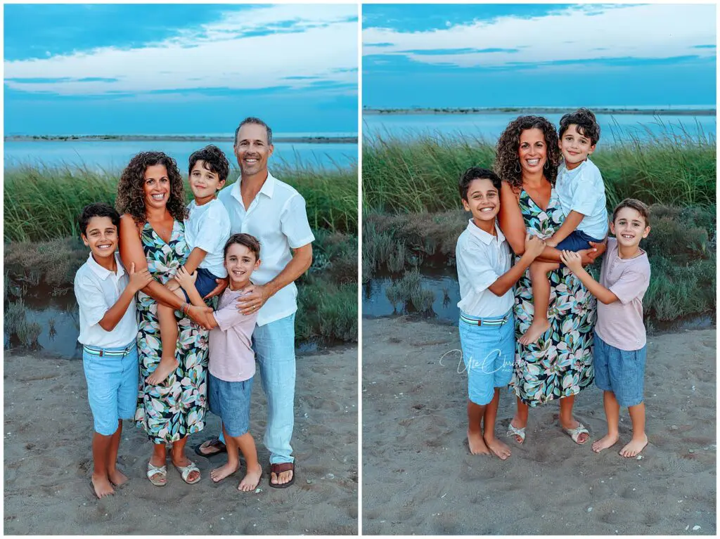 A family of five poses on a sandy beach at sunset, with tall grass and water in the background. In both photos, they are smiling and wearing summer clothes in shades of white, blue, and pink.