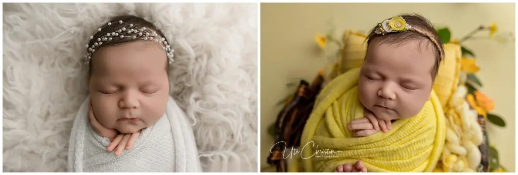 Side-by-side photos from a newborn session in Milford: On the left, baby sleeps wrapped in white with a pearl headband; on the right, wrapped in yellow and surrounded by yellow flowers, adorned with a matching headband.
