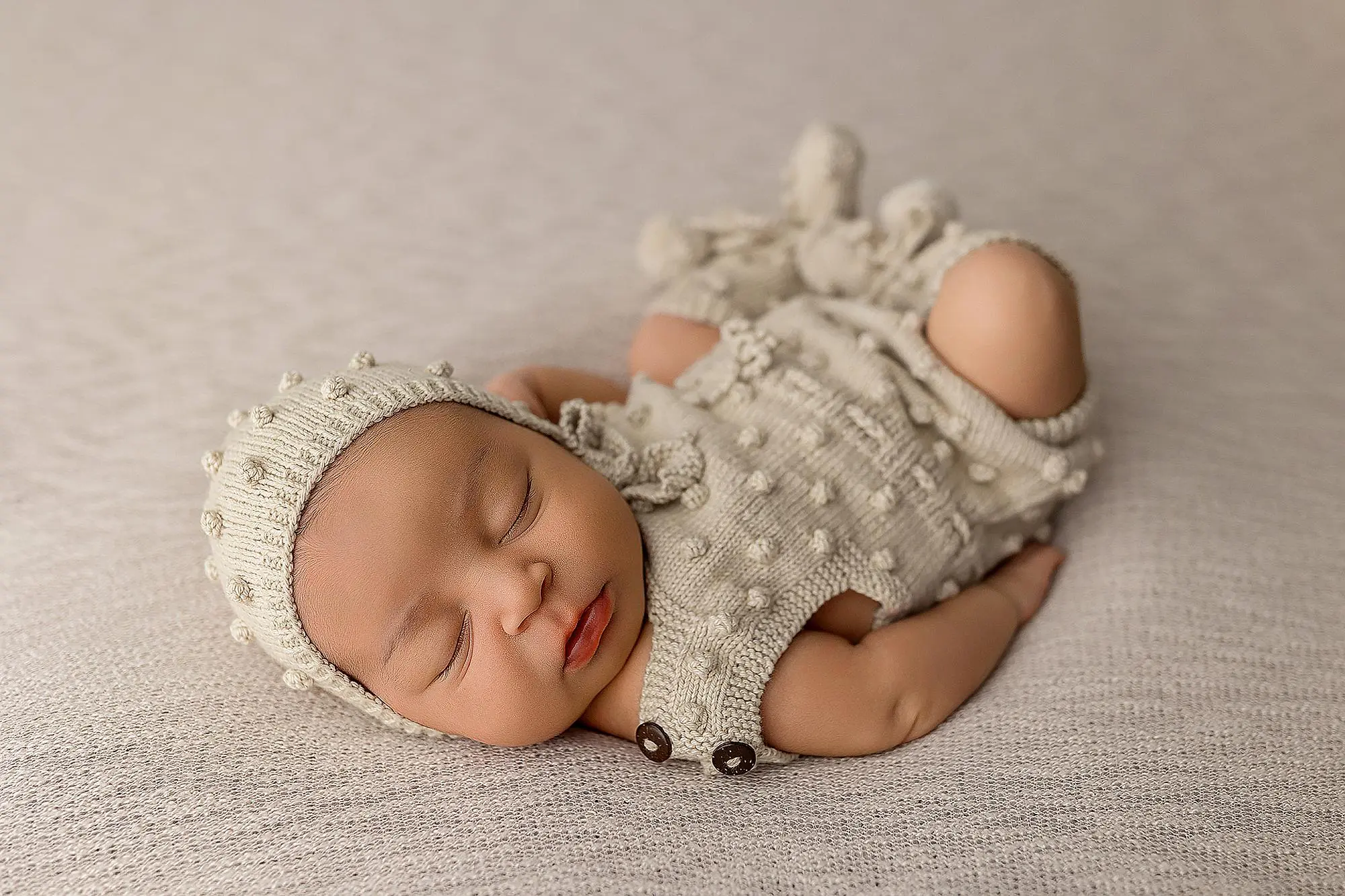 A newborn baby sleeps peacefully on a soft, light-colored blanket, wearing a knitted cream-colored outfit with a matching hat featuring small pom-poms captured by a new haven newborn photographer.