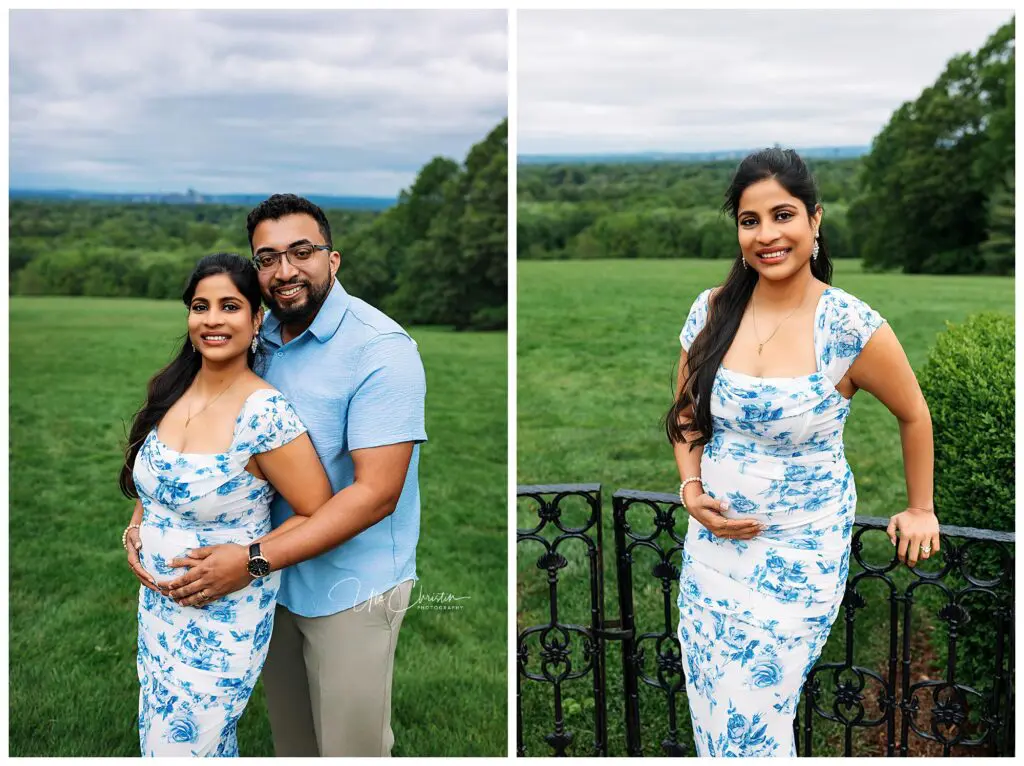 A smiling pregnant woman in a white and blue floral dress poses outdoors with her partner, who hugs her from behind. In a second image, she stands by a fence with green fields, radiating joy—thanks to Connecticut Fertility Clinic.