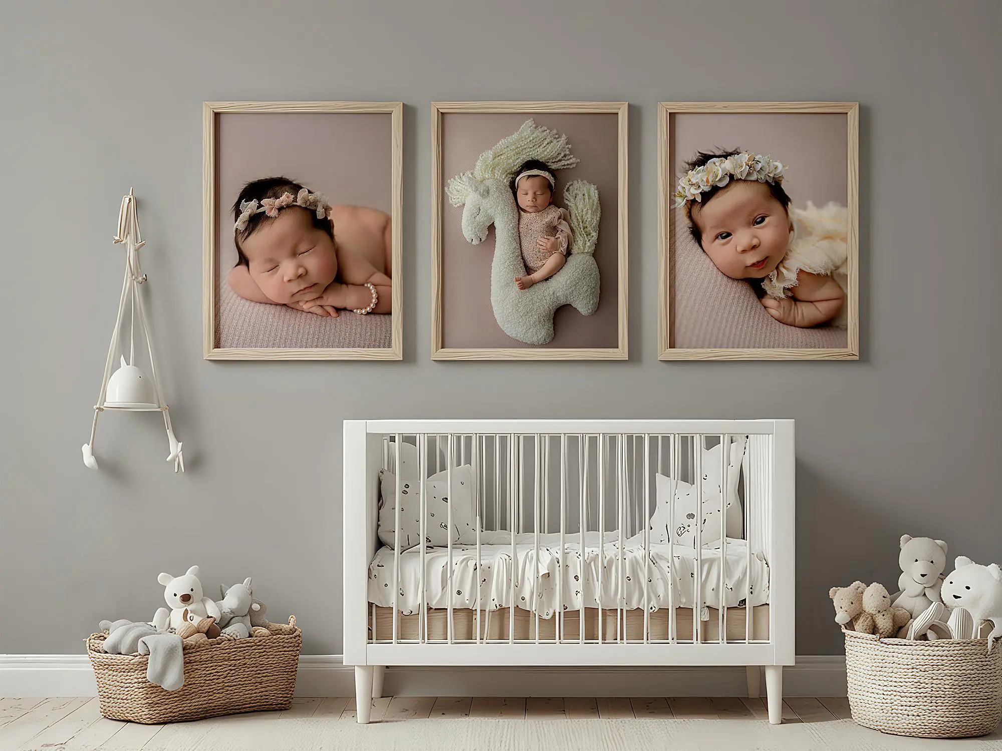 A modern nursery with a white crib, neutral decor, plush toys, and three framed baby portraits hanging on a gray wall above the crib. Baskets with stuffed animals are placed on either side of the crib in New Haven Connecticut.