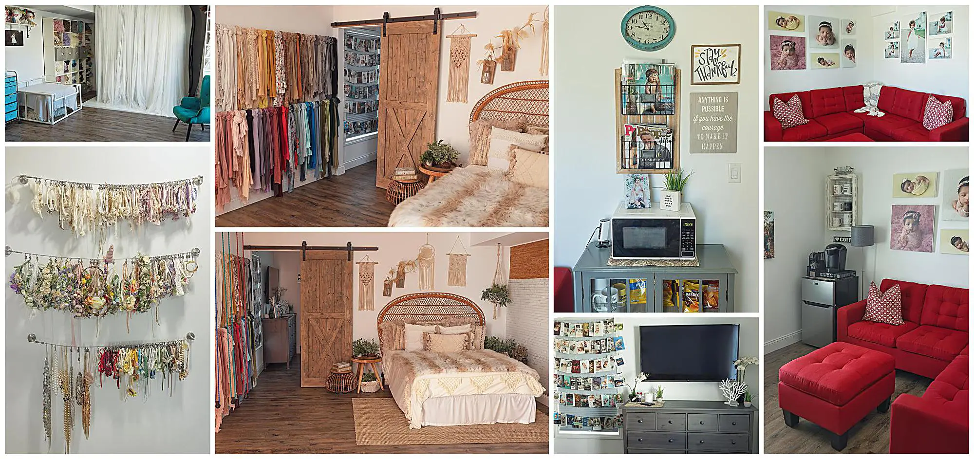 Collage of cozy, well-lit rooms featuring a bed, a red couch set, hanging dried flowers and fabric, a TV, shelves with magazines, a desk, and a kitchenette with a microwave, coffee maker, and inspirational wall art showing a new haven newborn photography studio.