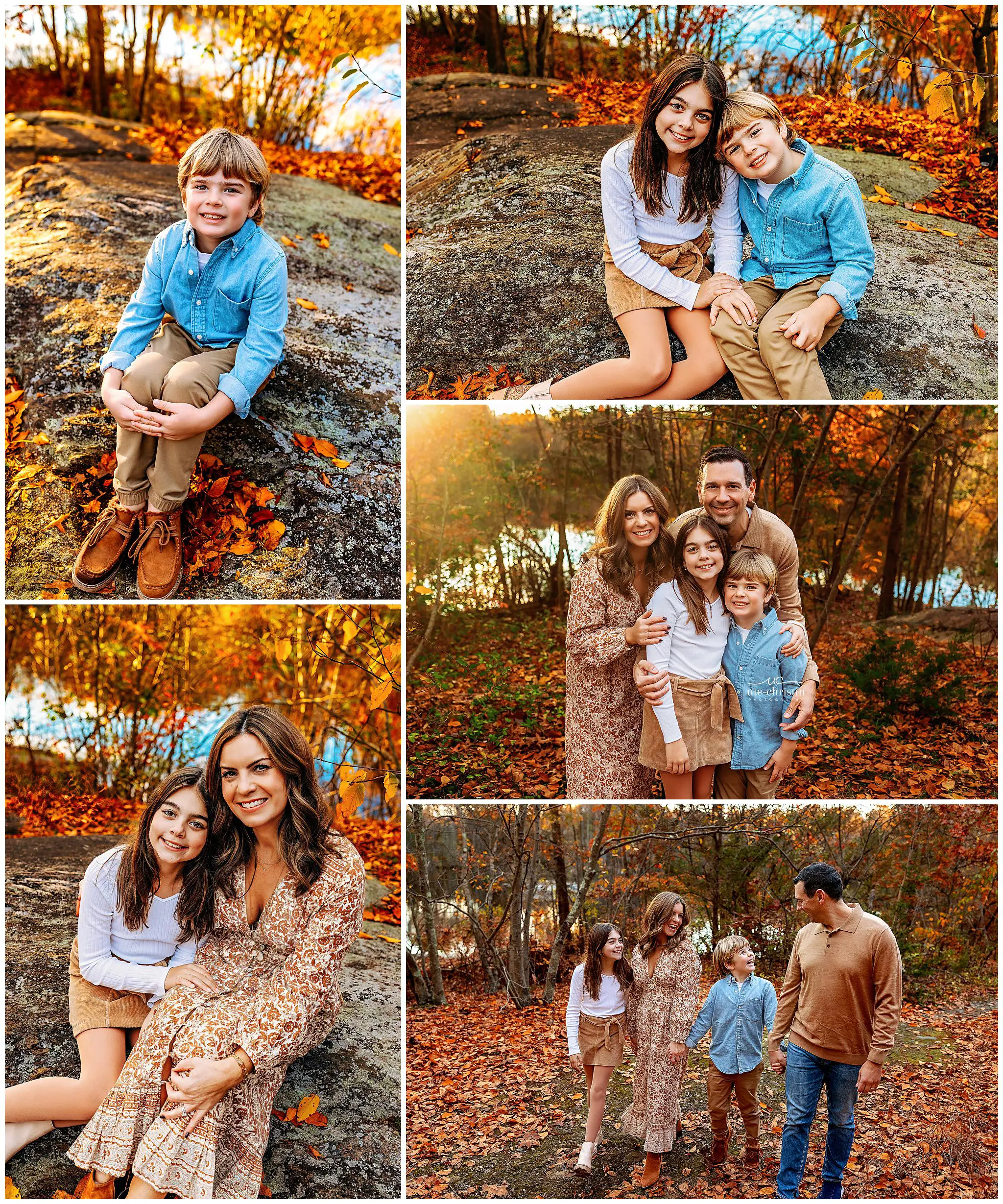 A family of four poses outdoors on autumn leaves and rocks, smiling together and in pairs. They wear earth-tone clothing, surrounded by colorful fall foliage and warm sunlight.