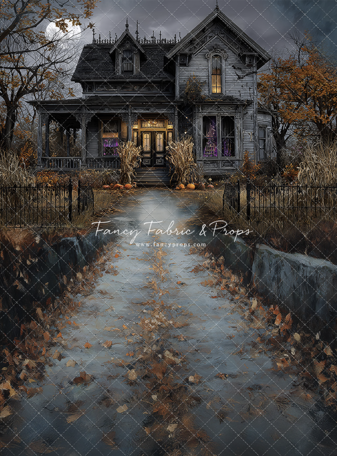 A spooky, old Victorian house with glowing windows stands at the end of a leaf-covered path, surrounded by iron fencing and autumn trees under a cloudy, moonlit sky.