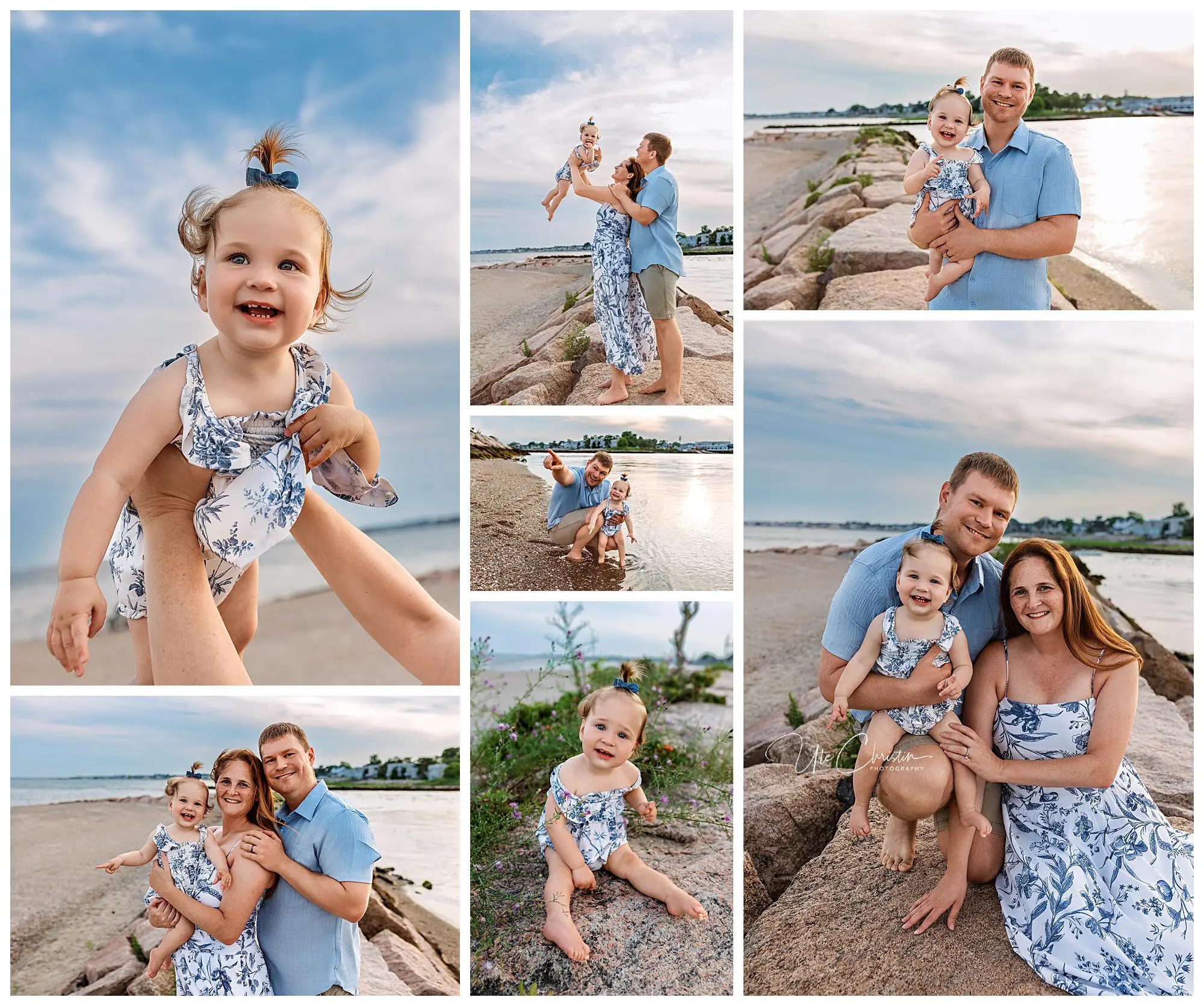 A collage of family photos at the beach features a smiling toddler in a floral outfit with her parents. The family poses on rocks and sand, with blue sky and water in the background, enjoying a sunny day together.