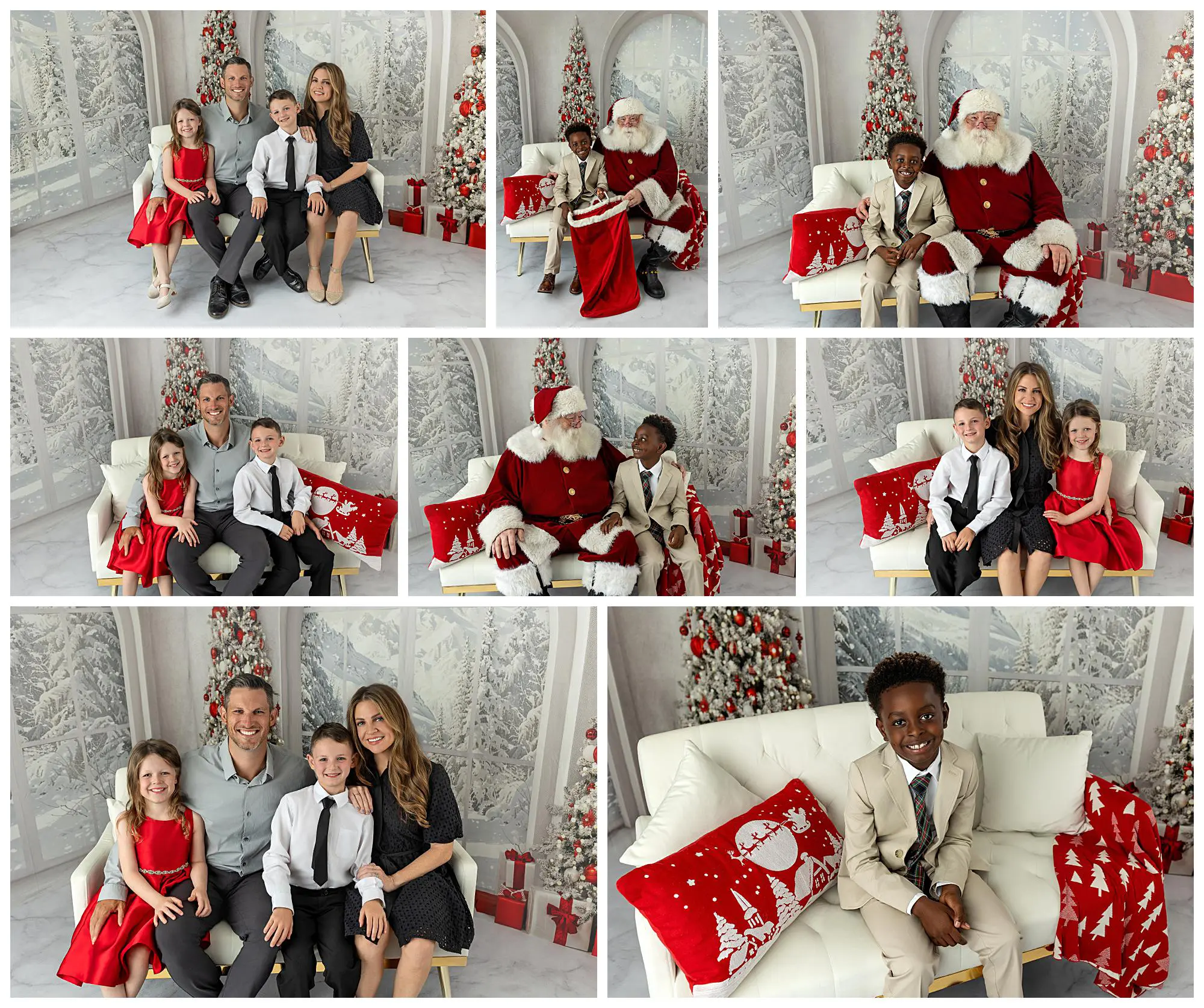 A family and two children, formally dressed, pose for holiday photos with Santa Claus in a festive, winter-themed setting with snow-covered trees, red holiday decor, and a Christmas tree.