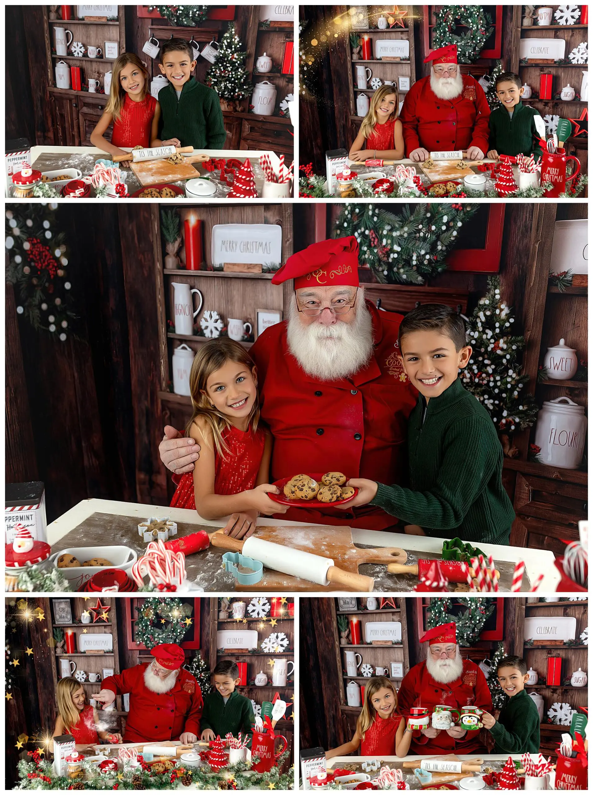 A collage of kids in festive outfits baking cookies with Santa Claus in a cozy, holiday-decorated kitchen, featuring cookies, mugs, and baking tools on the table.