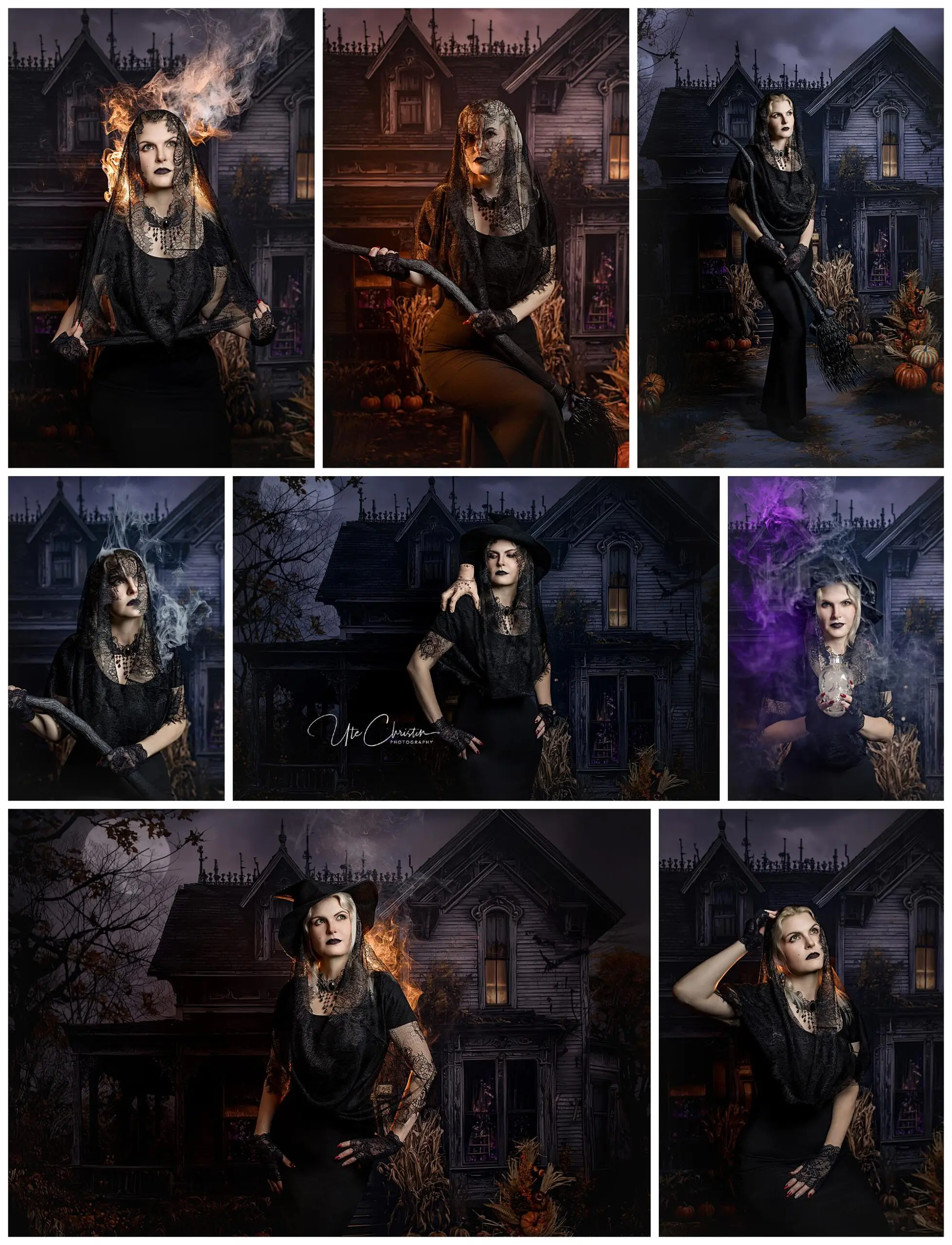 A collage of a woman in black Victorian-style mourning attire posing solemnly outside a spooky, gothic house with eerie lighting, pumpkins, and fog effects. The mood is dark and mysterious.