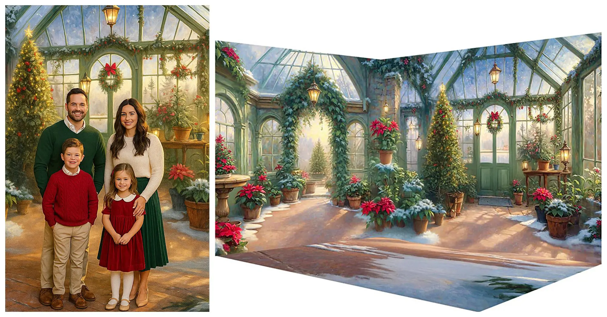 A family of four, dressed in holiday attire, stands in a festive greenhouse decorated with Christmas trees, poinsettias, and wreaths. The background shows a snowy, sunlit conservatory filled with holiday plants.