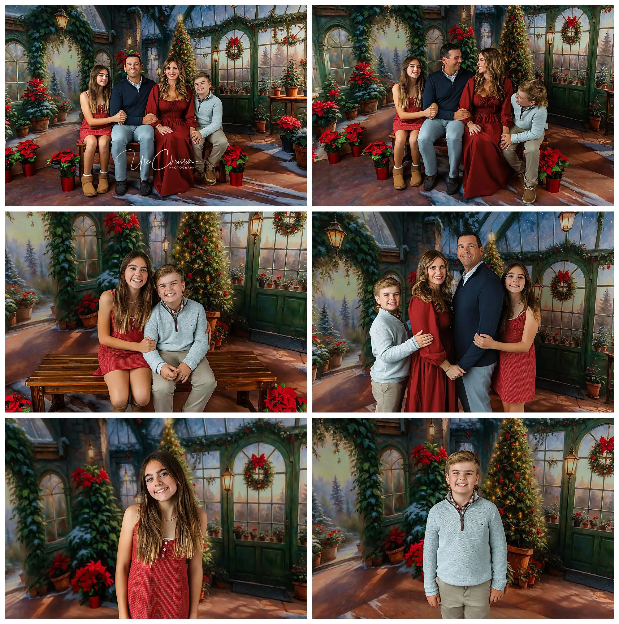 A family of four poses for holiday photos indoors with festive Christmas decorations, including wreaths and poinsettias. They wear coordinated red and neutral outfits and smile together and individually in various groupings.