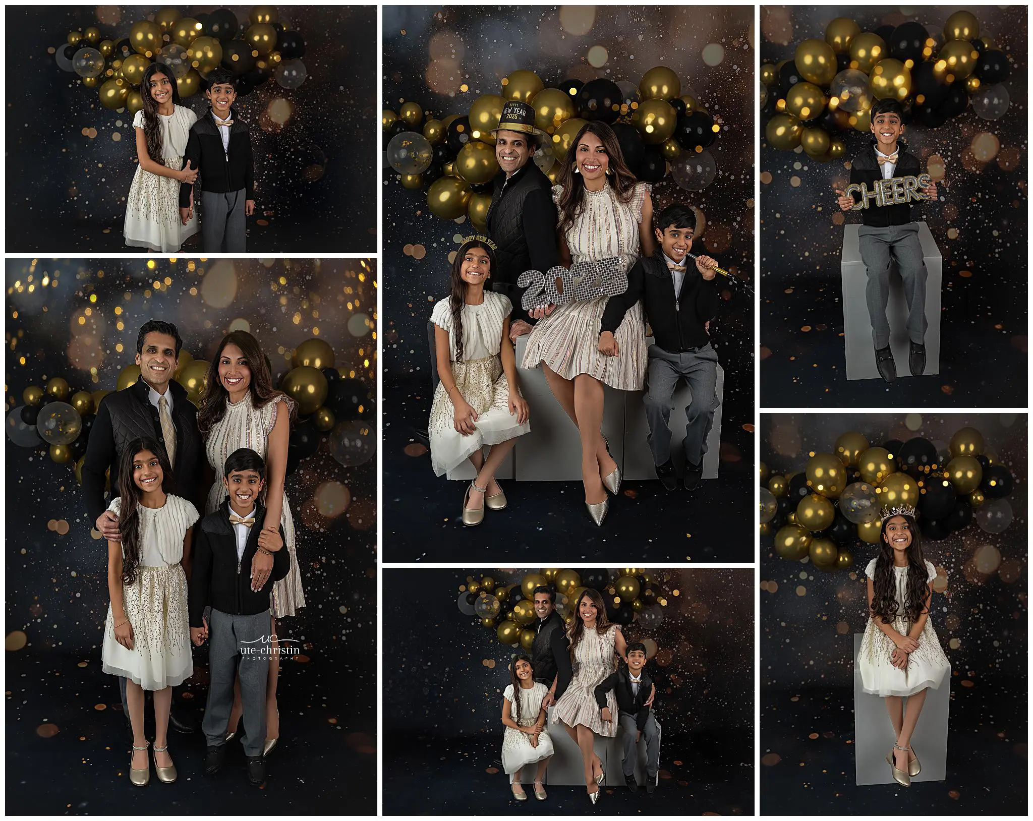 A family of four, dressed in formal attire, poses in front of a black and gold balloon backdrop for New Years. They hold celebratory signs such as 2024 and Cheers in various group and individual portraits.