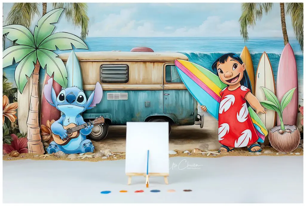 A blank canvas on a small easel sits in front of a backdrop featuring cartoon characters Stitch playing a ukulele and Lilo holding a surfboard, with a van, palm trees, and surfboards in the background.