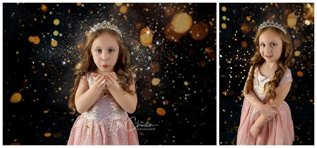Two photos of a young girl with long brown hair wearing a sparkling pink dress and a tiara. In one, she blows glitter; in the other, she smiles with arms crossed, both set against a sparkling dark background.