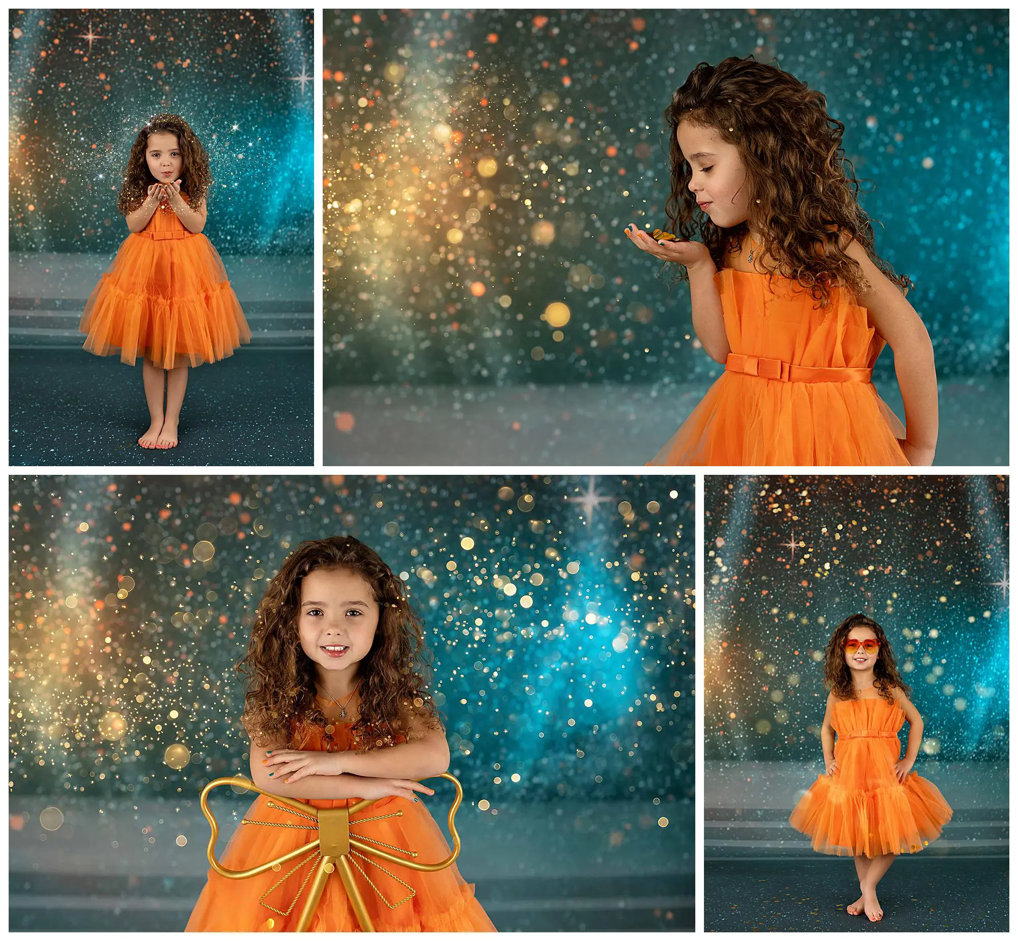 A young girl with curly brown hair wears an orange dress and poses against a glittery, star-filled blue and gold backdrop in four different frames, including blowing sparkles and smiling with sunglasses.