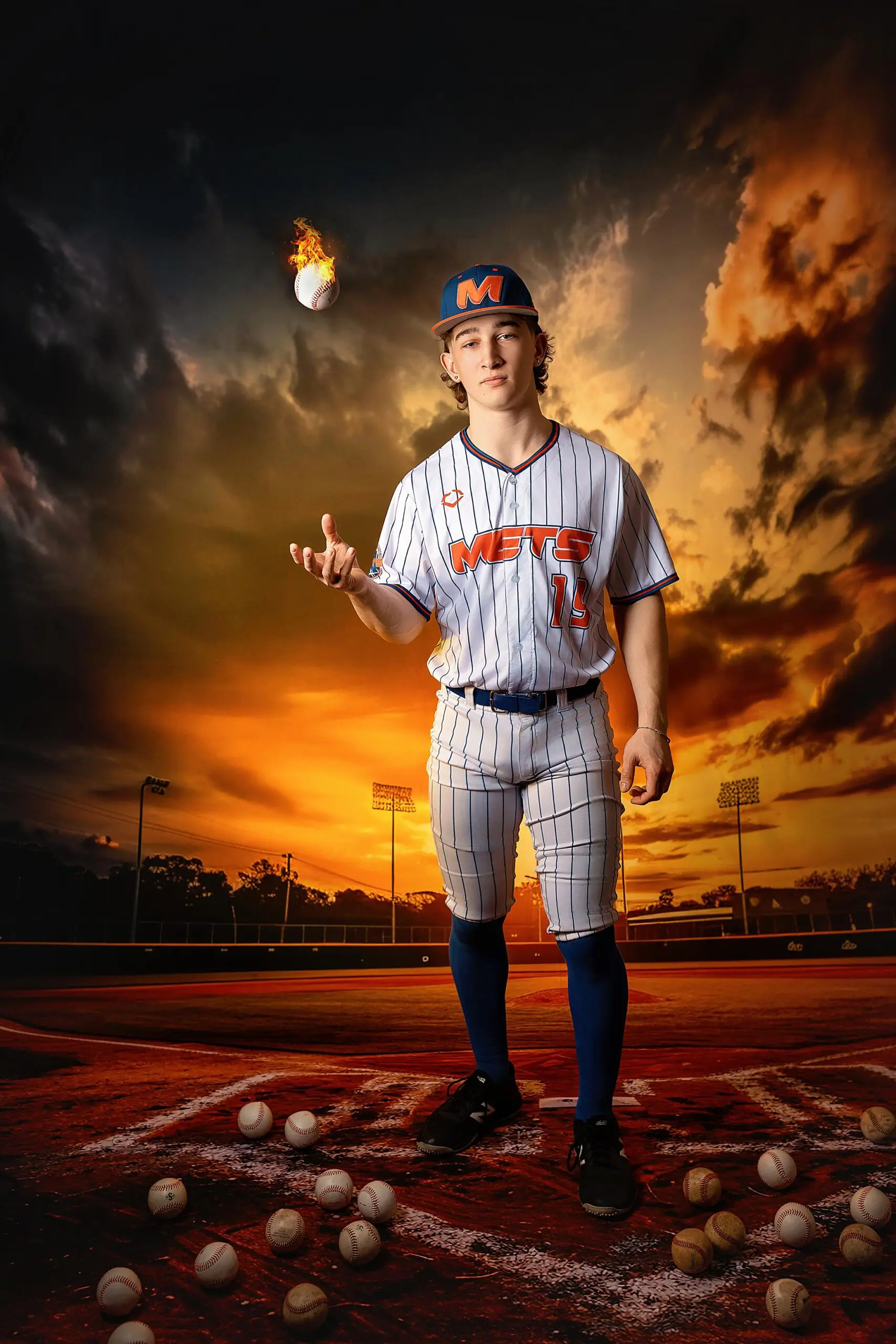 A baseball player in a Mets uniform tosses a flaming baseball in the air on a field at sunset, with scattered baseballs at his feet and a dramatic, cloudy sky—the perfect backdrop for striking ct senior photos.