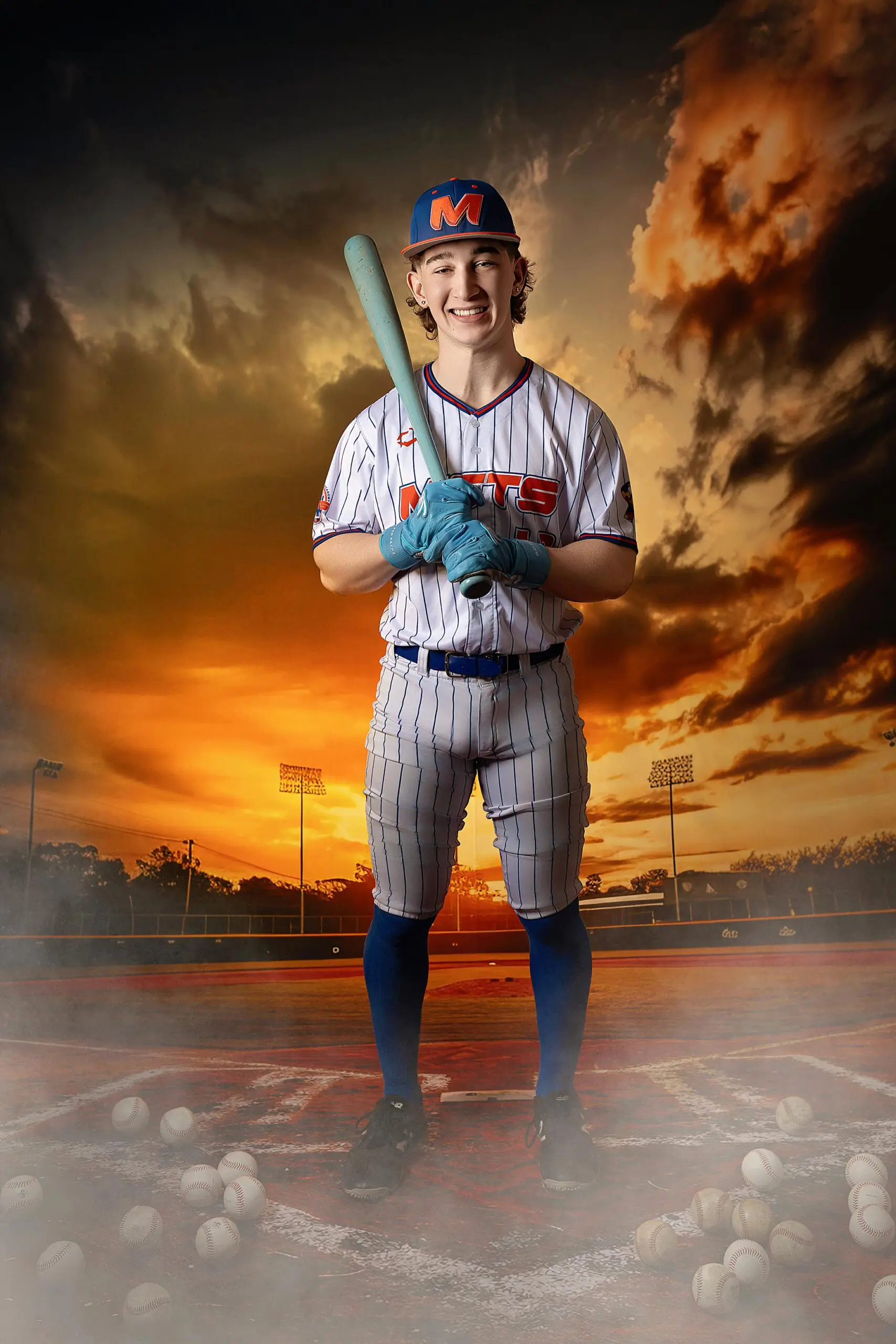 A smiling baseball player in a striped uniform and blue gloves stands holding a bat on a field at sunset. Perfect for ct senior photos, baseballs are scattered on the ground with dramatic clouds and stadium lights in the background.