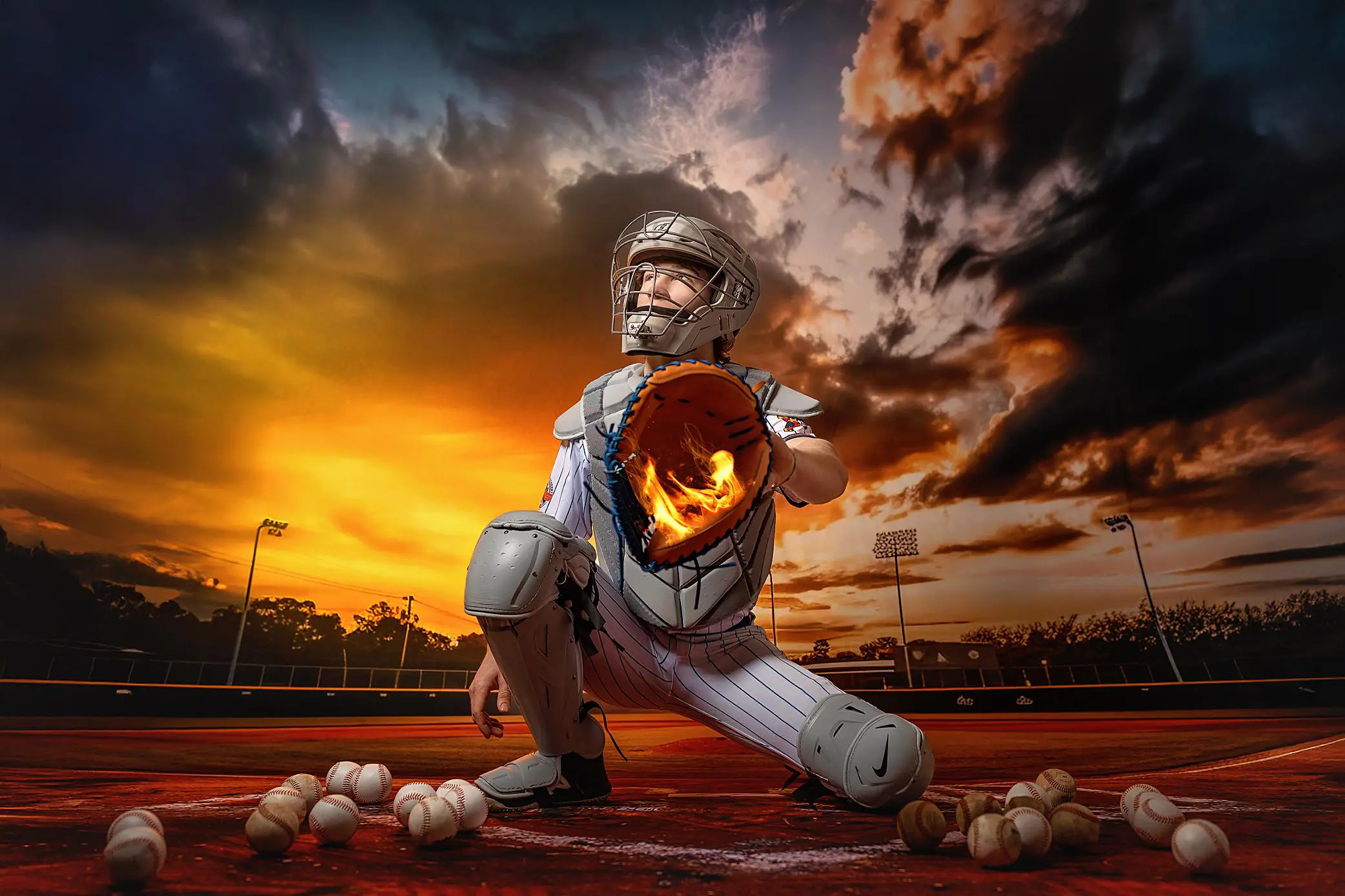 A baseball catcher in full gear crouches on a field at sunset, holding a glowing mitt surrounded by scattered baseballs under a dramatic, colorful sky.