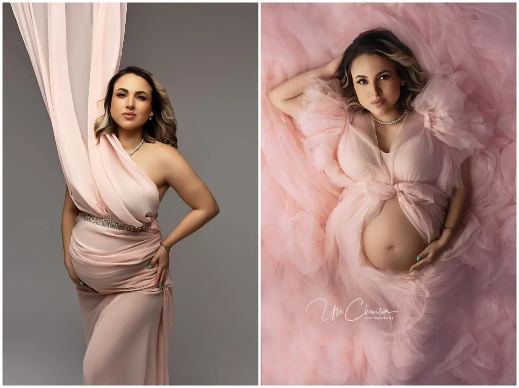 A pregnant woman poses in a sheer pink gown. In the left image, she stands holding fabric; in the right image, she lies on pink tulle with her hand on her exposed belly, looking at the camera.