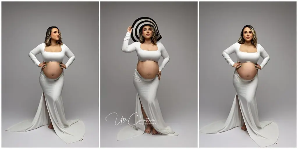 A pregnant woman in a long, white, off-shoulder dress poses barefoot in three studio portraits, holding her baby bump—like she’s contemplating 10 Things Your Doctor Never Told You About Giving Birth. In the center image, she wears a large black-and-white hat.