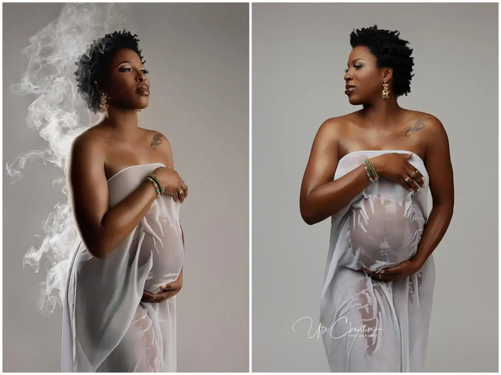 A pregnant woman stands draped in a sheer white fabric, gently cradling her belly—a tender moment before giving birth. The left image features swirling white smoke behind her; the right has a plain background. She wears earrings and bracelets.
