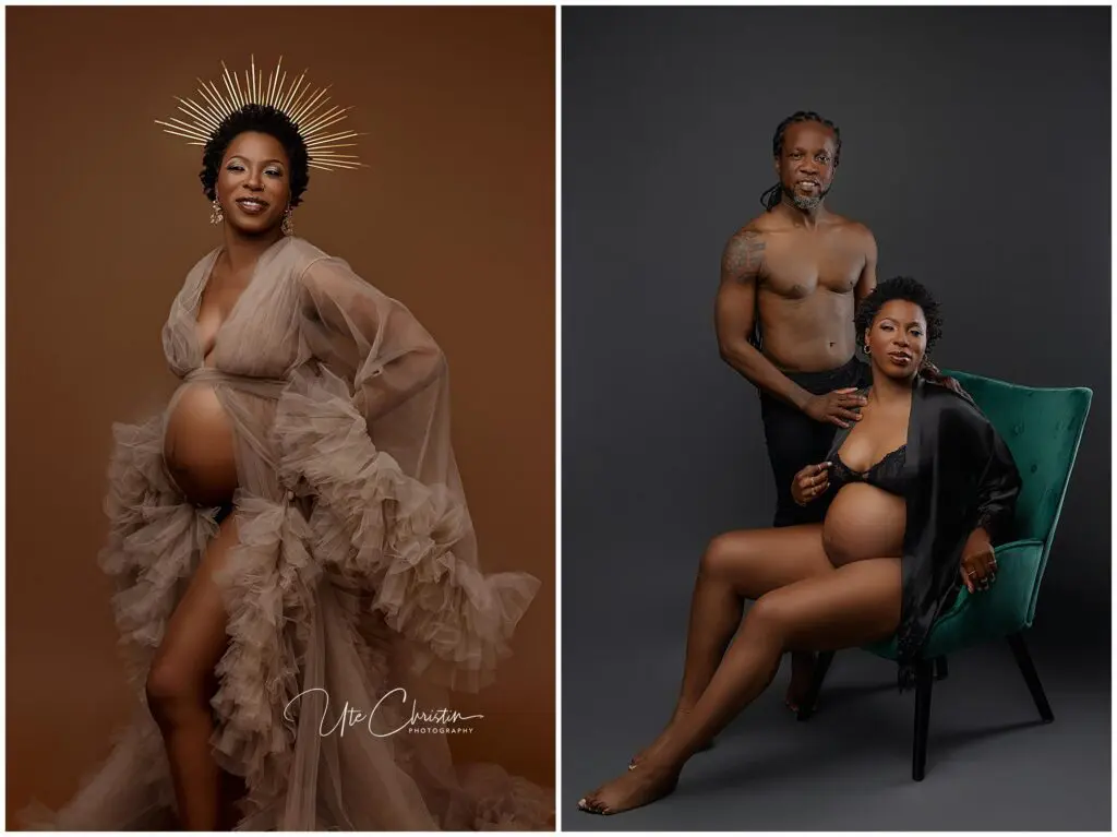 Two maternity portraits: Left, a pregnant woman in a sheer, ruffled gown and gold halo crown smiles. Right, she sits in a green chair in a black robe, with her partner standing supportively behind—capturing the journey of giving birth in CT.