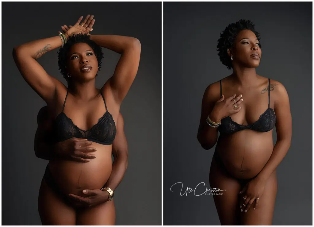 A pregnant woman in black lingerie poses confidently; in the left image, a partner’s arms embrace her from behind, while in the right image she stands alone, gently holding her belly.