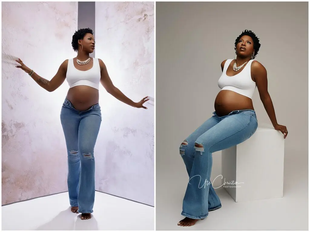 A pregnant woman wearing a white tank top and blue jeans poses confidently in two studio photos—one standing with arms outstretched, and one sitting on a white cube, looking upward.