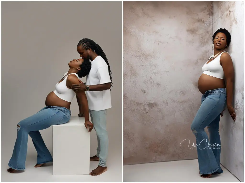 Side-by-side portraits: Left, a pregnant woman in jeans and a white top leans back on a cube as a man stands behind her, gently embracing. Right, she stands alone against a textured wall—stylish maternity photos CT capturing intimate moments.