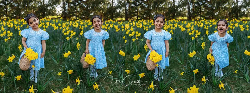 A young girl in a blue dress stands and smiles in a field of yellow daffodils, holding a basket of flowers. The background shows green grass and tall trees. Four joyful poses are captured side by side.