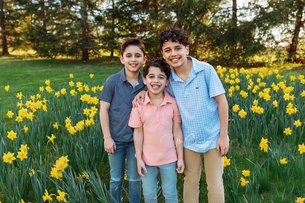 Three smiling boys stand close together in a field of blooming yellow daffodils, with green grass and tall trees in the background on a sunny day.