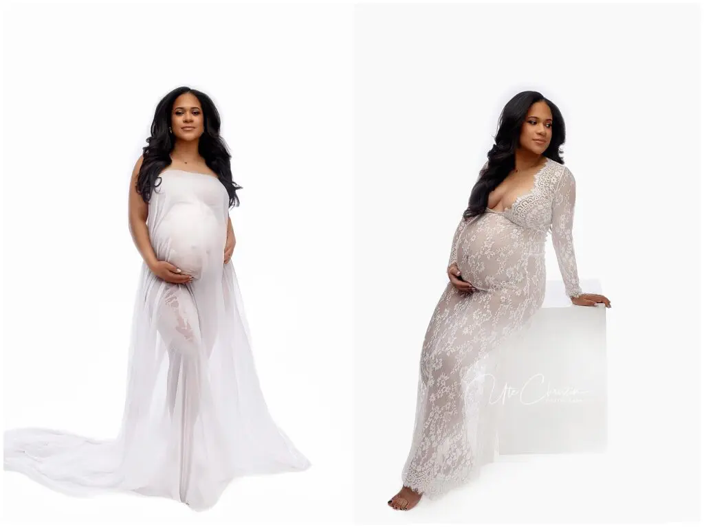 Side-by-side portraits of a pregnant woman in sheer white gowns, one standing with a flowing dress and one seated on a clear block in a lace dress, both against a white background.