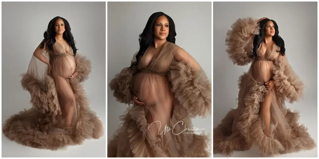 A pregnant woman poses in a sheer, flowing, ruffled brown gown. She stands confidently, cradling her belly with soft lighting and a neutral background. She looks serene and elegant in three different poses.
