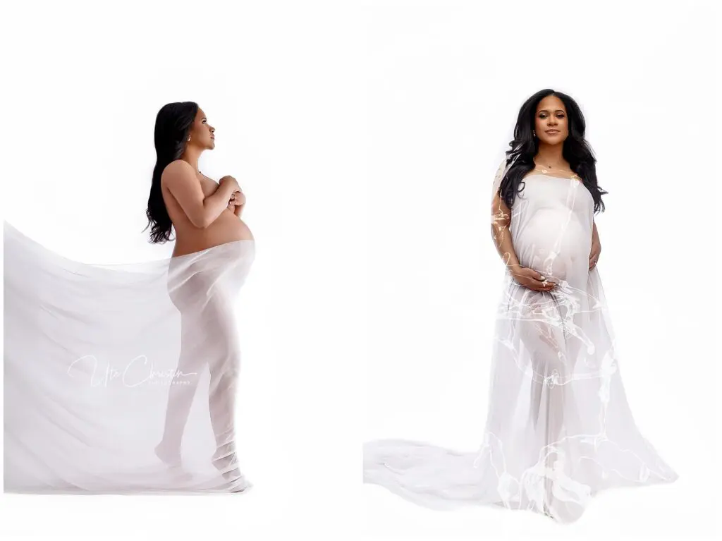 A pregnant woman draped in sheer white fabric poses against a white background; in one image she stands in profile, and in the other she faces forward, holding her belly and smiling gently.